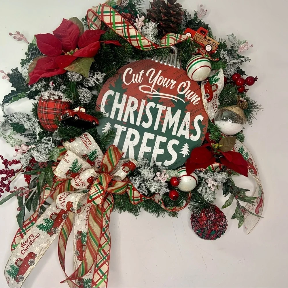 New Floral Rustic Christmas Farmhouse Pine Wreath Red Truck Trees Sign